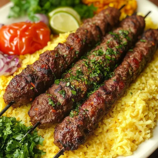 Prato com dois espetos e carne de kebab.