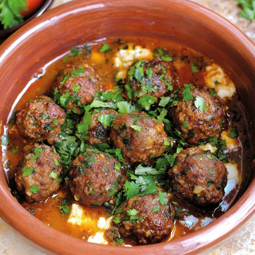 Uma tigela de almôndegas com verduras.