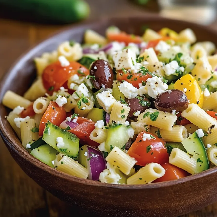Uma tigela de salada de macarrão com tomates, pepinos, azeitonas e queijo feta.