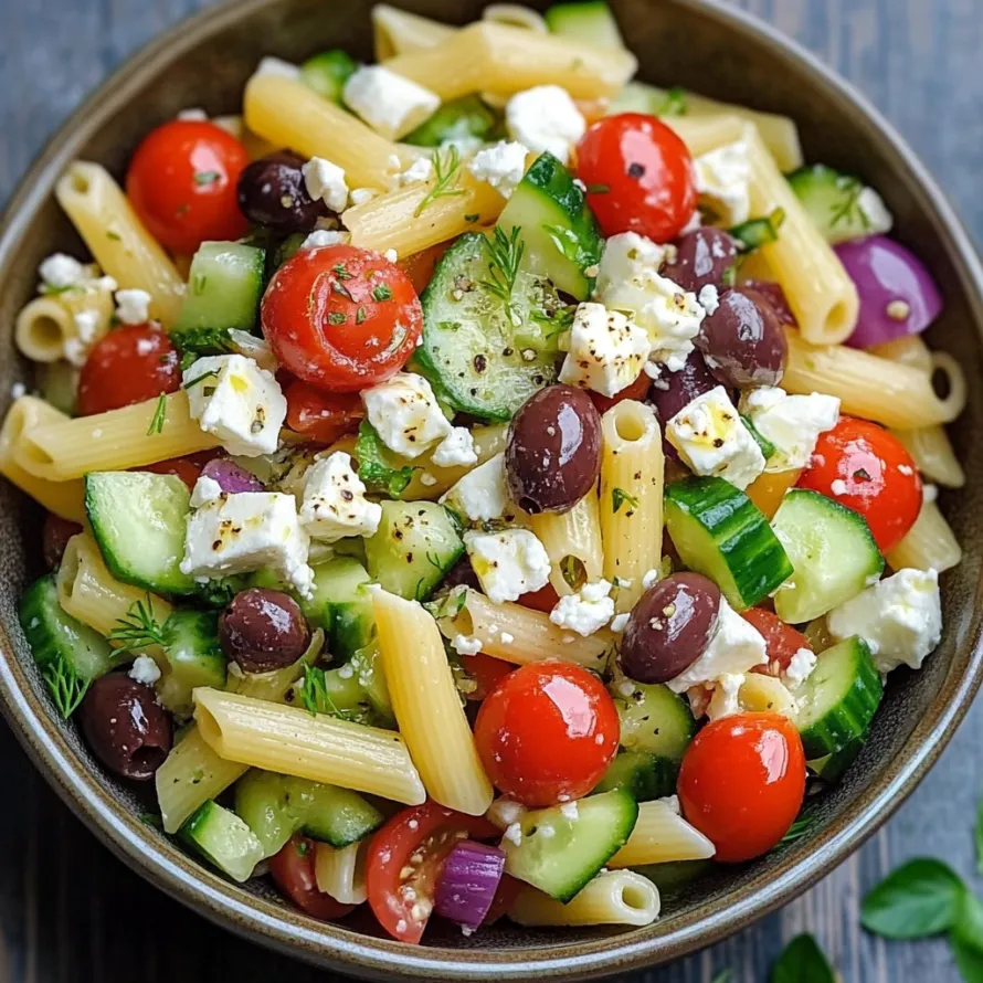 Uma tigela de salada de massa com tomates, pepinos, azeitonas e queijo feta.