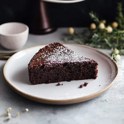 Uma fatia de bolo de chocolate com açúcar em pó num prato.
