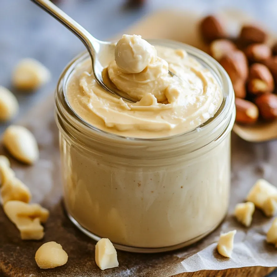 Um pote de creme de amêndoas com uma colher dentro.