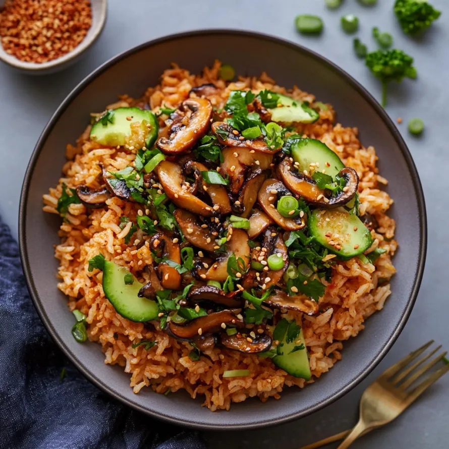 Uma tigela com arroz, cogumelos e vegetais verdes.