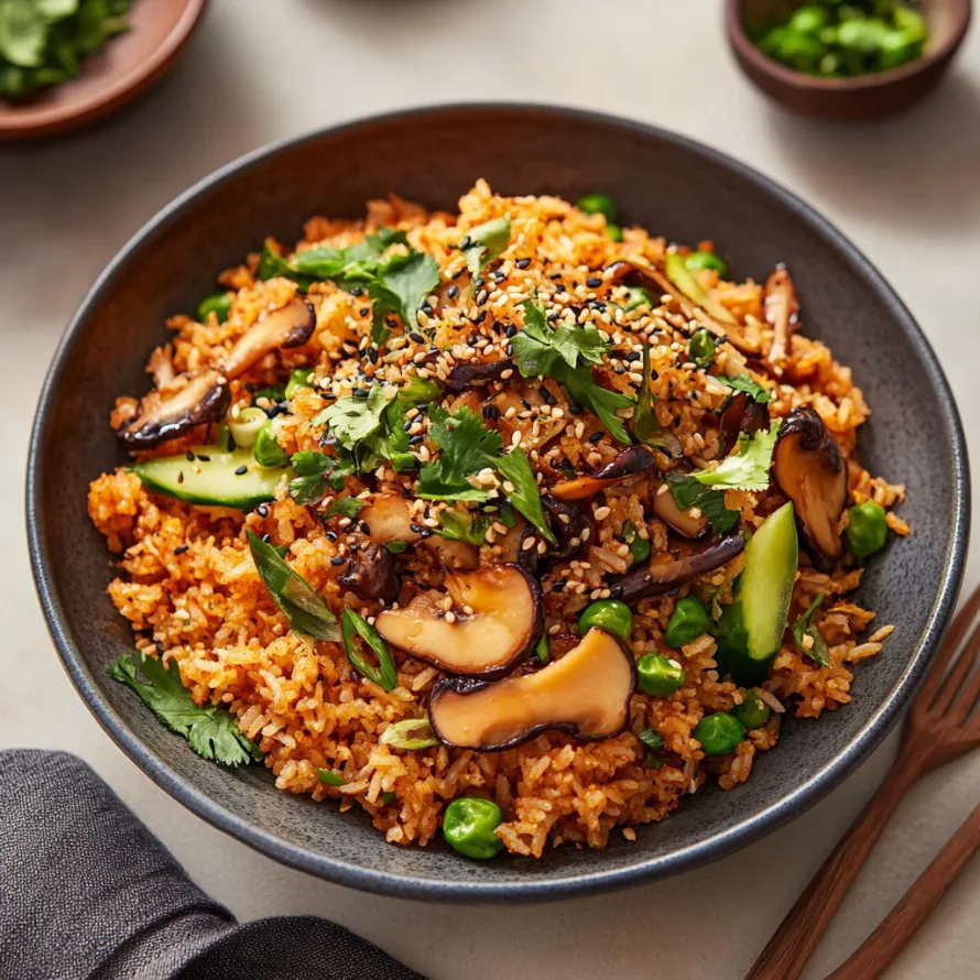 Uma tigela de arroz com cogumelos e ervilhas.