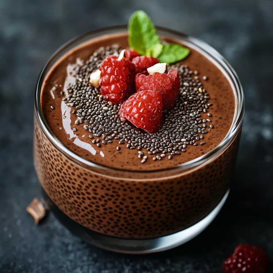 Um copo de chocolate com framboesas por cima.