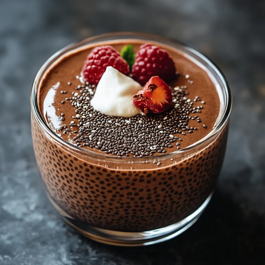 Um copo de chocolate com framboesas por cima.