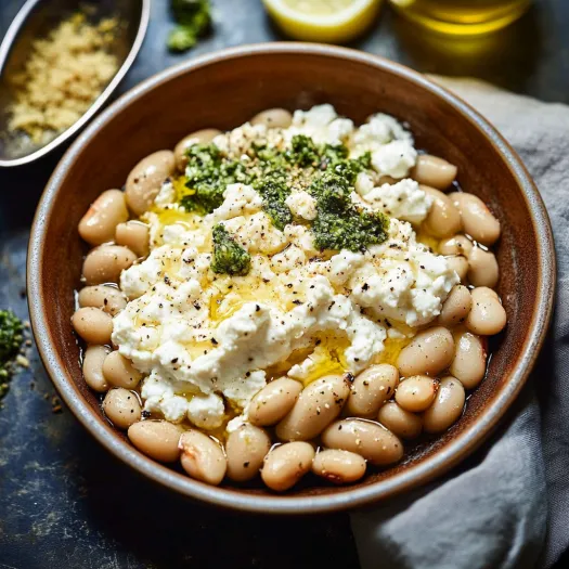 Uma tigela com feijão, queijo e ervas.