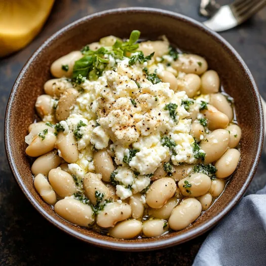 Uma tigela com feijão, queijo e verduras.