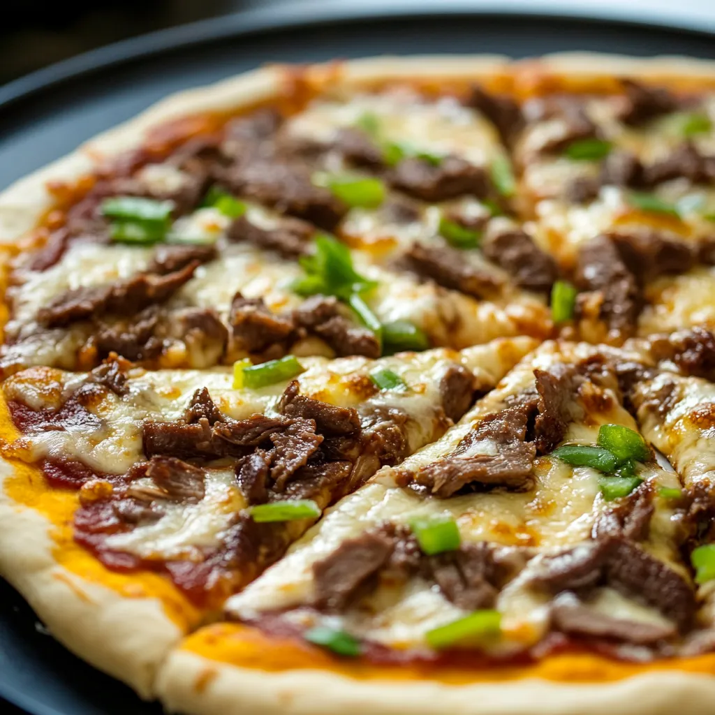 Uma pizza com carne e pimentões por cima.