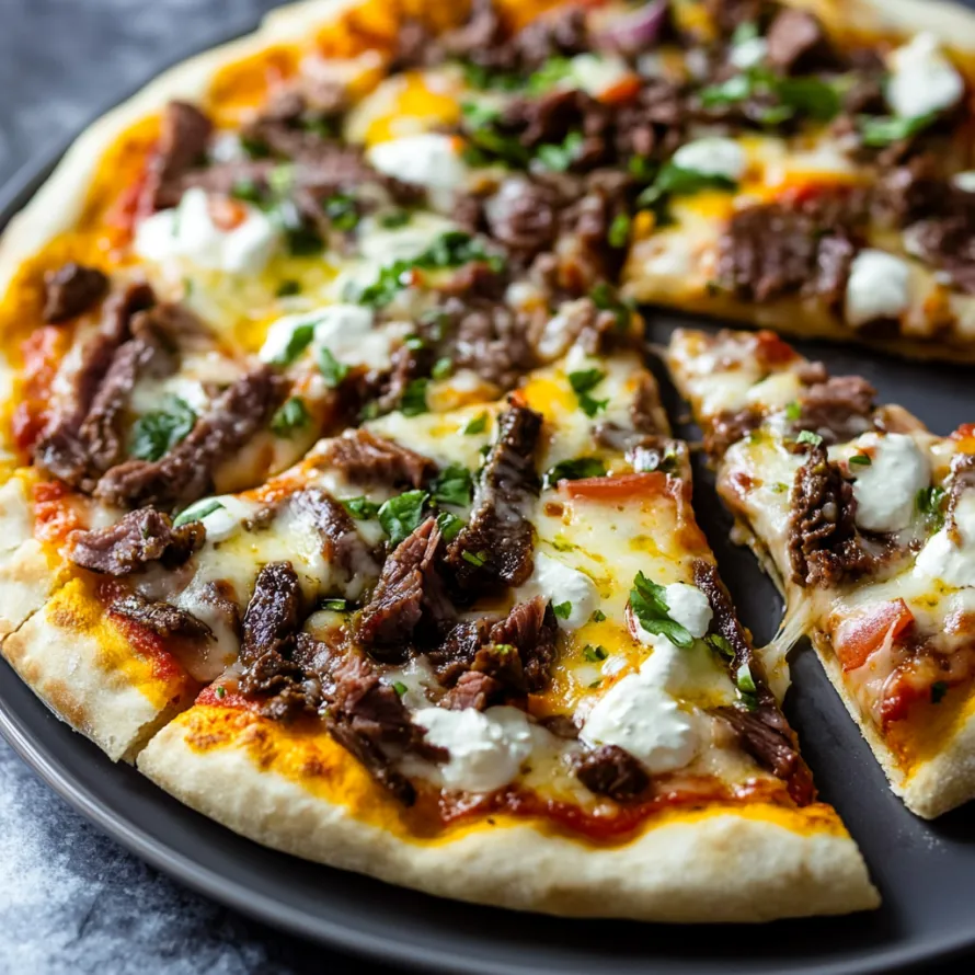 Uma fatia de pizza com carne e queijo.