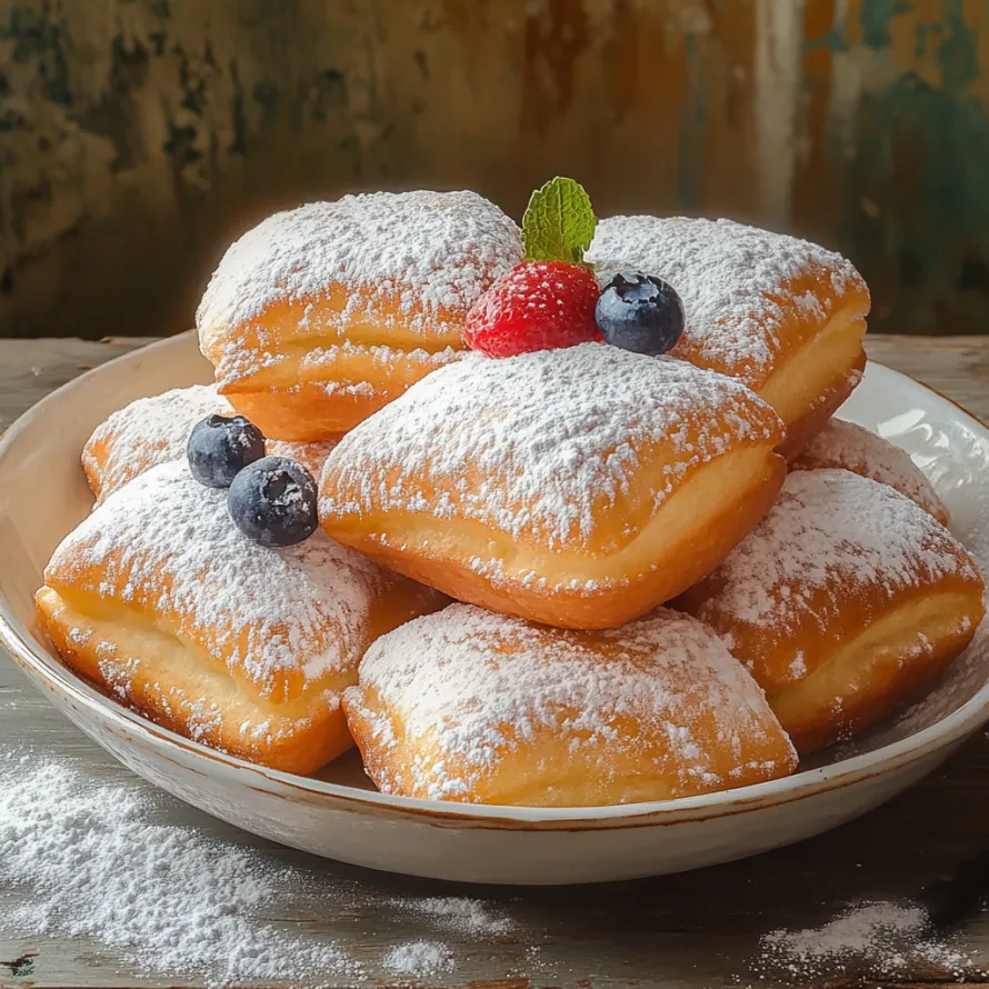 Prato com donuts polvilhados de açúcar e mirtilos por cima.