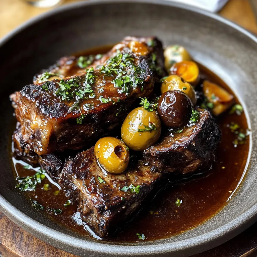 Um prato de carne com azeitonas e cogumelos.