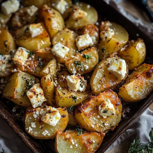 Um prato de batatas com queijo e ervas.