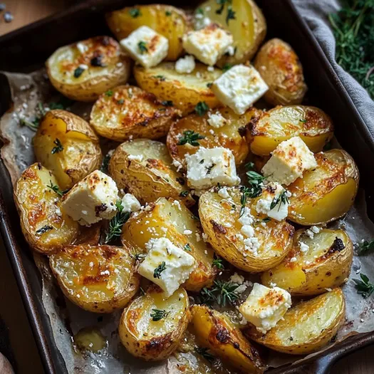 Uma assadeira de batatas com queijo por cima.