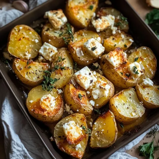 Um prato de batatas com queijo feta.