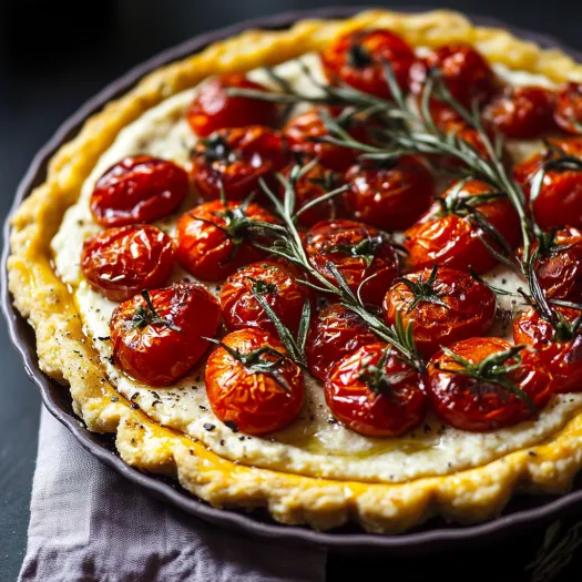 Uma torta com tomates e manjericão.