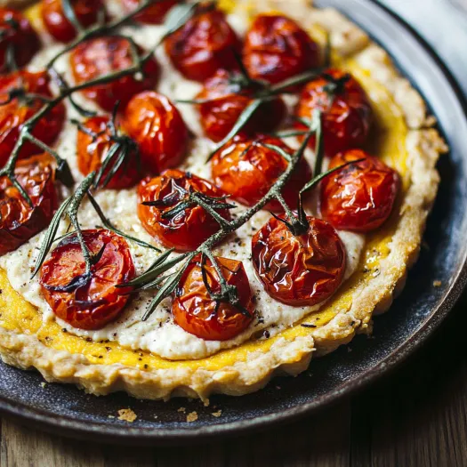 Uma pizza com tomates e manjericão por cima.