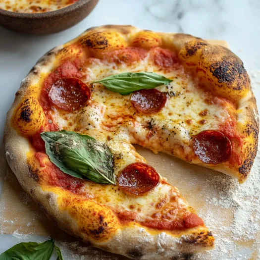 Uma fatia de pizza com folhas de manjericão.