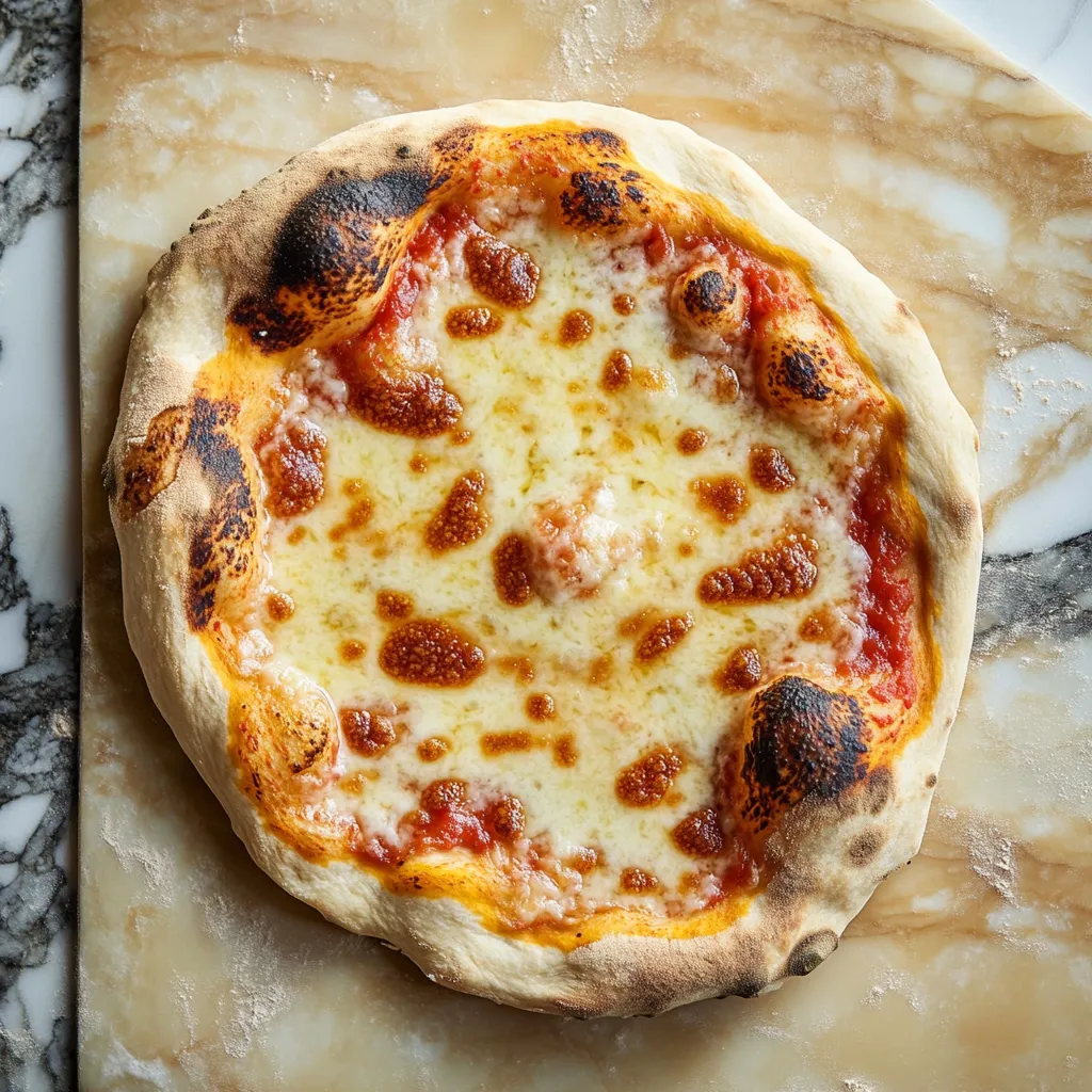 Uma pizza com queijo e molho de tomate.