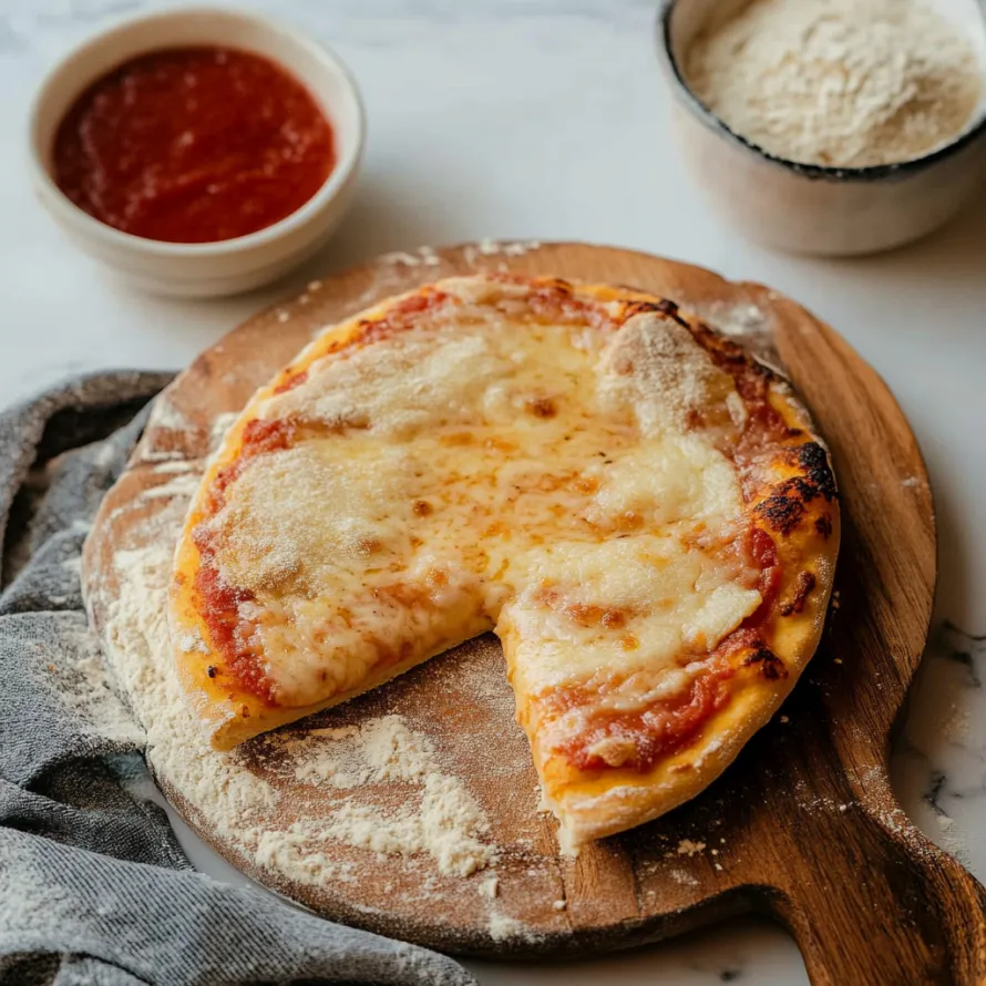 Uma fatia de pizza numa tábua de madeira.