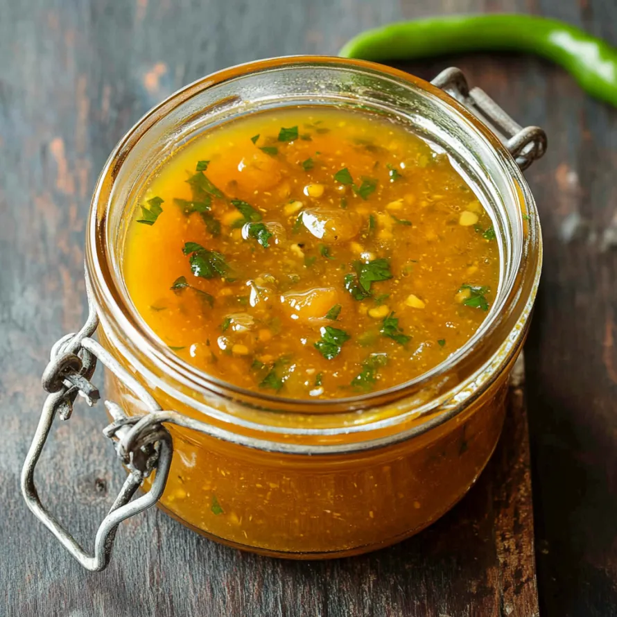 Um frasco de molho com pimentas verdes e ervas.
