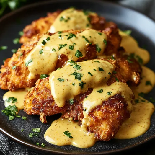 Um prato de frango panado com molho cremoso.