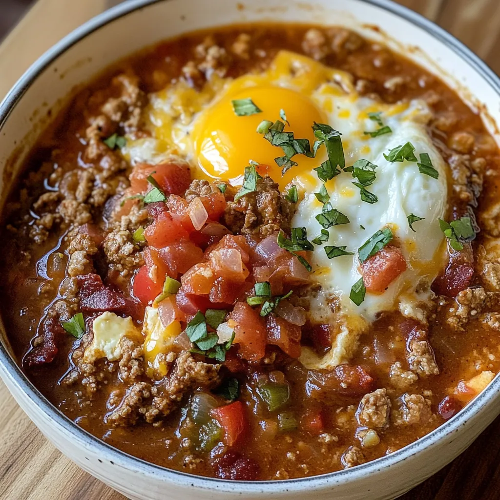 Uma tigela de chili com um ovo frito por cima.
