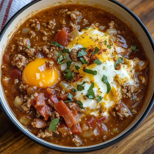 Uma tigela de chili com um ovo frito por cima.