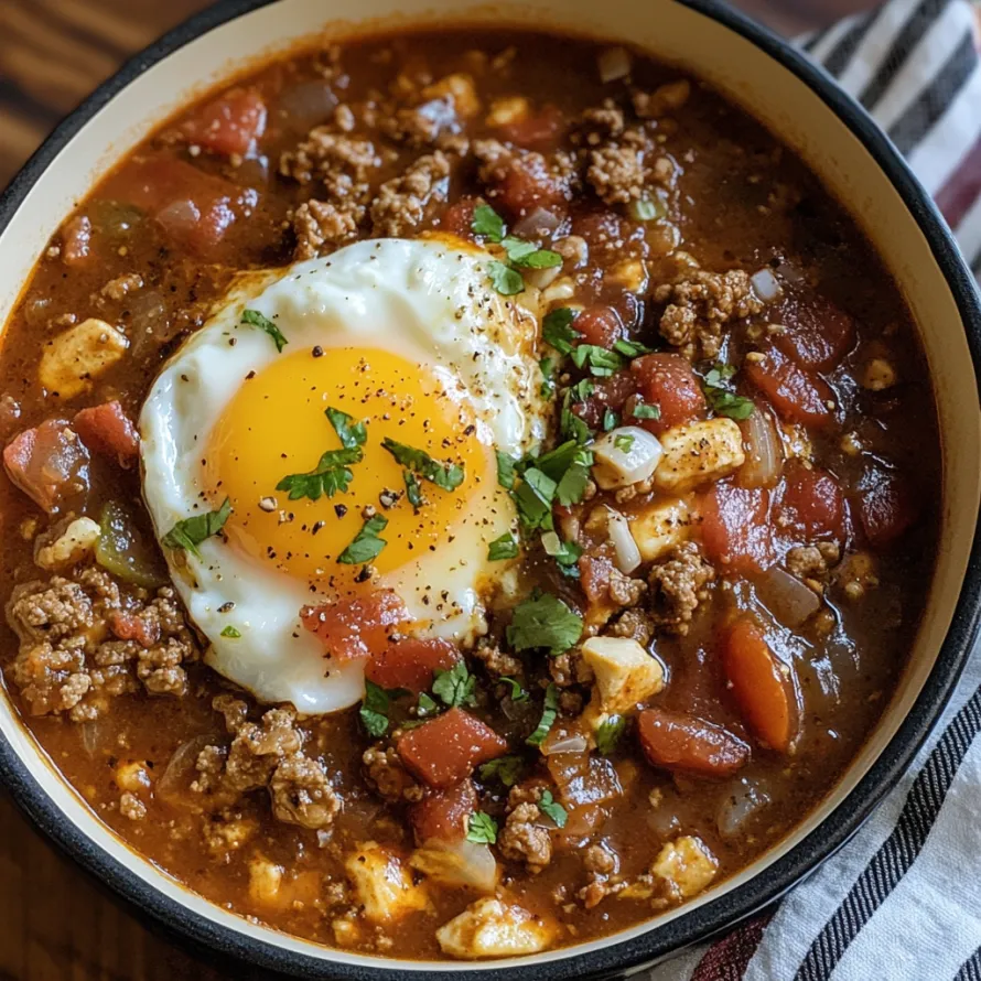 Uma tigela de chili com um ovo frito por cima.