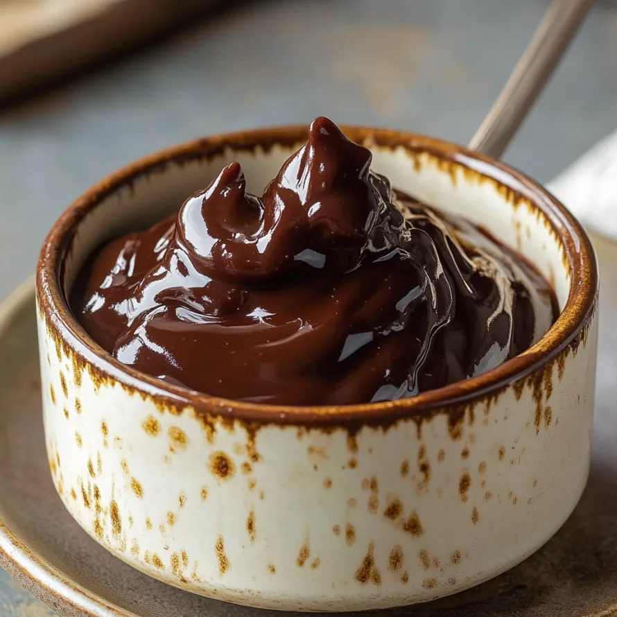 Uma xícara com calda de chocolate.