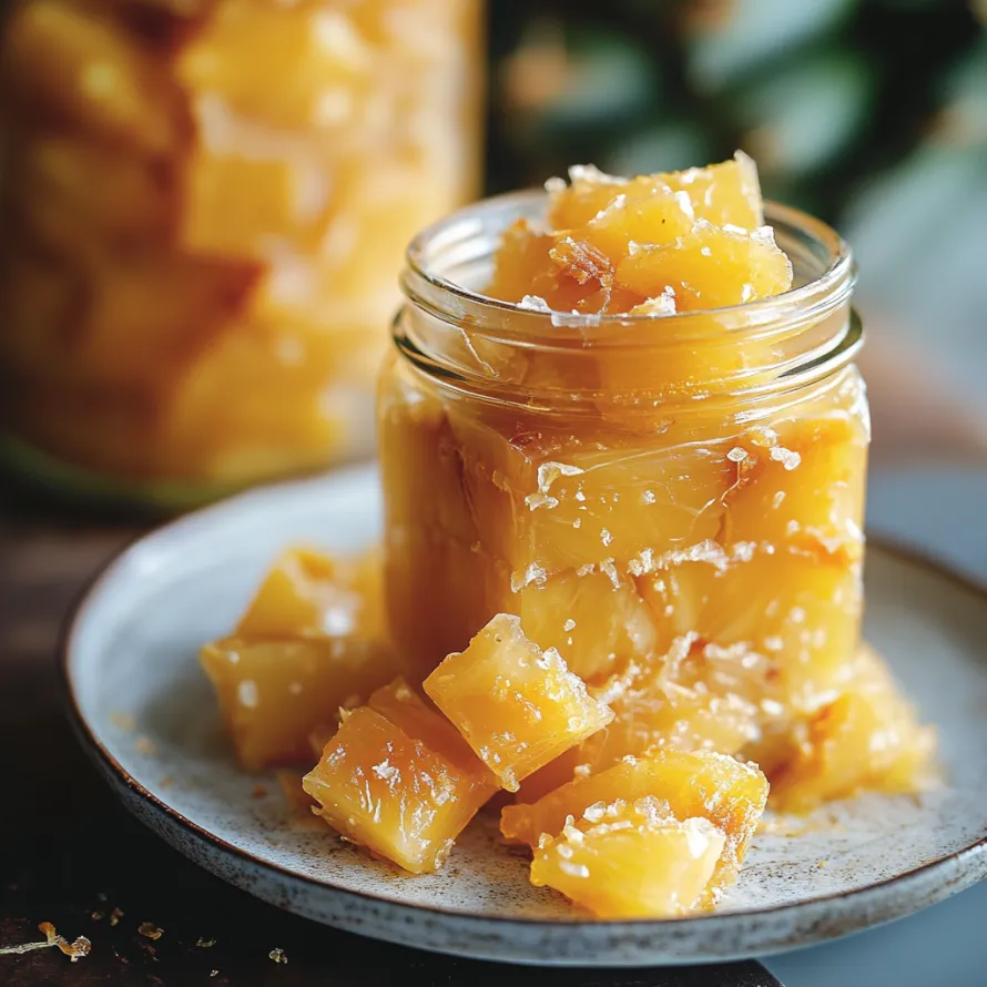Um frasco de fruta com uma colher dentro.