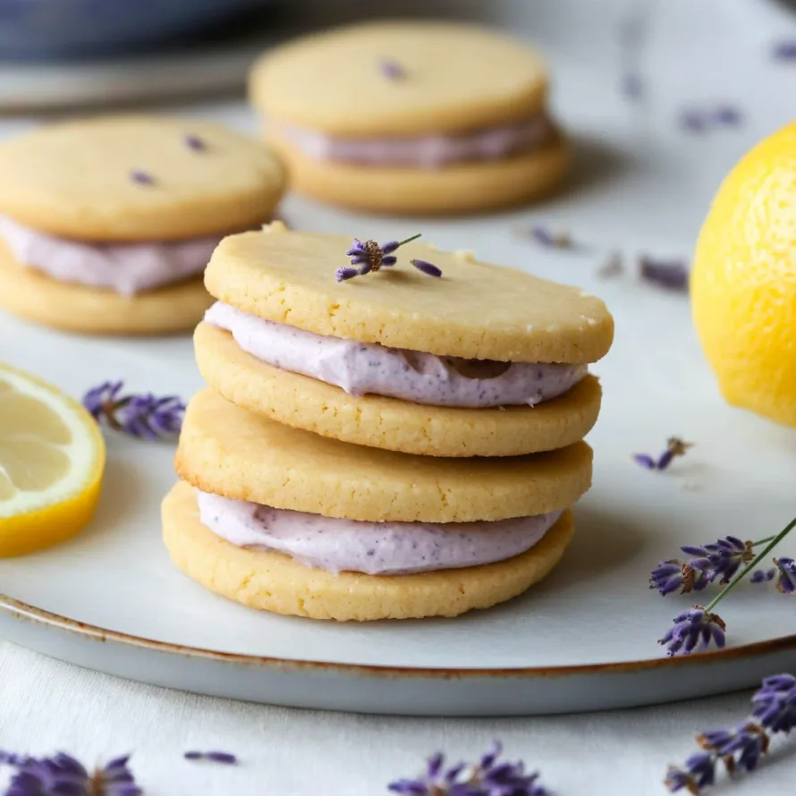 Uma pilha de biscoitos decorados com flores roxas no topo.