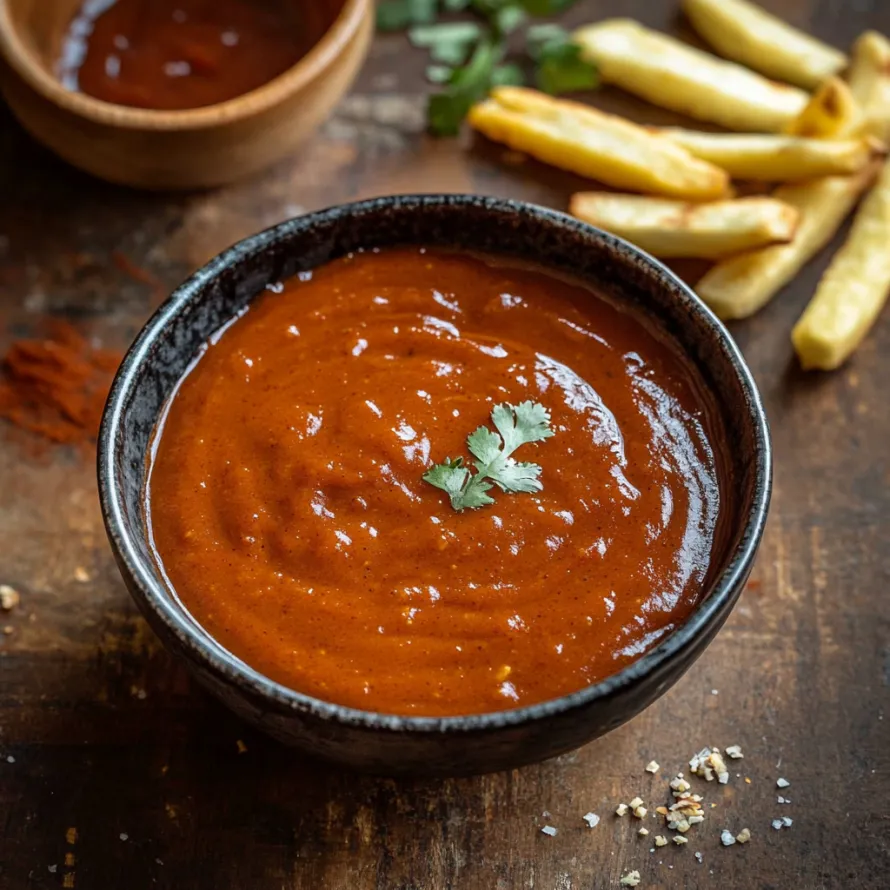 Uma tigela de molho de tomate com uma colher.