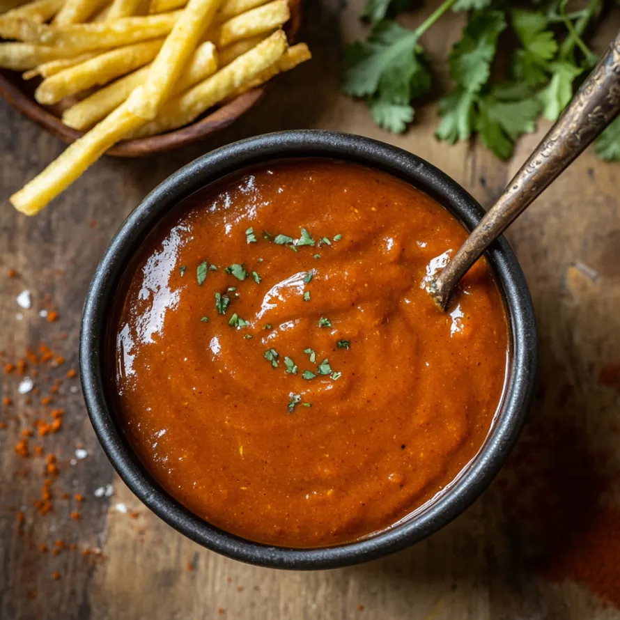 A bowl of soup with a spoon in it.