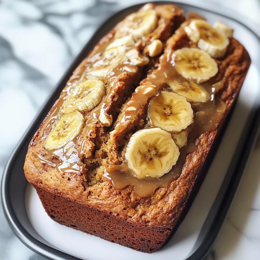 Uma fatia de pão de banana com rodelas de banana por cima.
