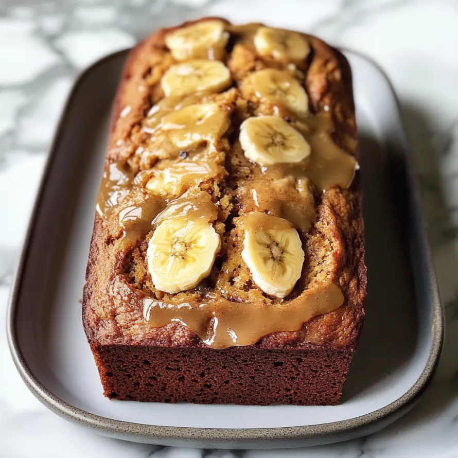 Uma fatia de pão de banana com bananas por cima.