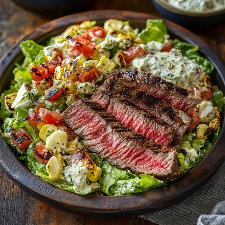 Uma salada com carne e vegetais.
