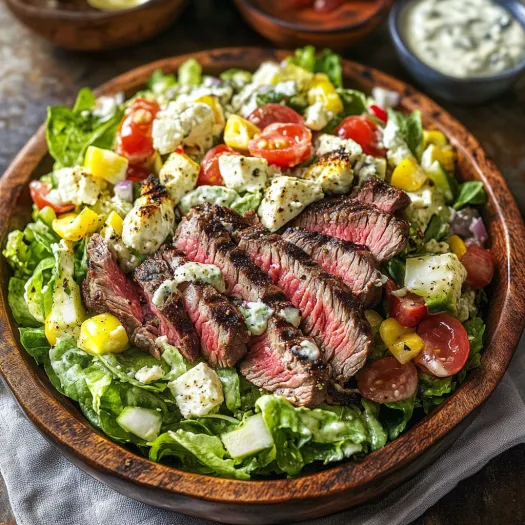 Uma salada com carne e vegetais.