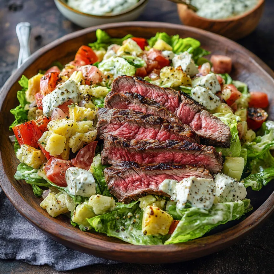 Um prato com bife e salada.