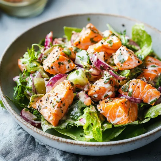 Tigela de salada com peixe.