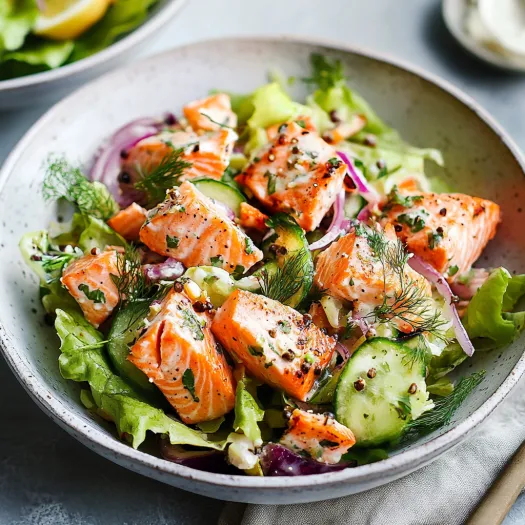 Uma tigela de salada com peixe e vegetais.