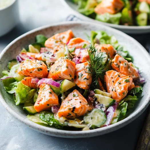 Uma tigela de salada com peixe.