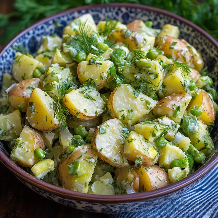 Tigela cheia de batatas e verdinhos frescos.