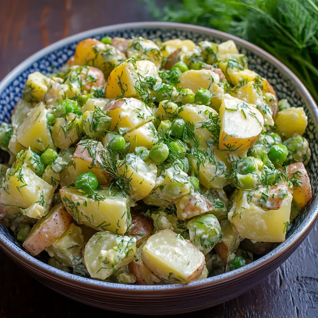 Uma tigela com batata, ervilhas e vários legumes.