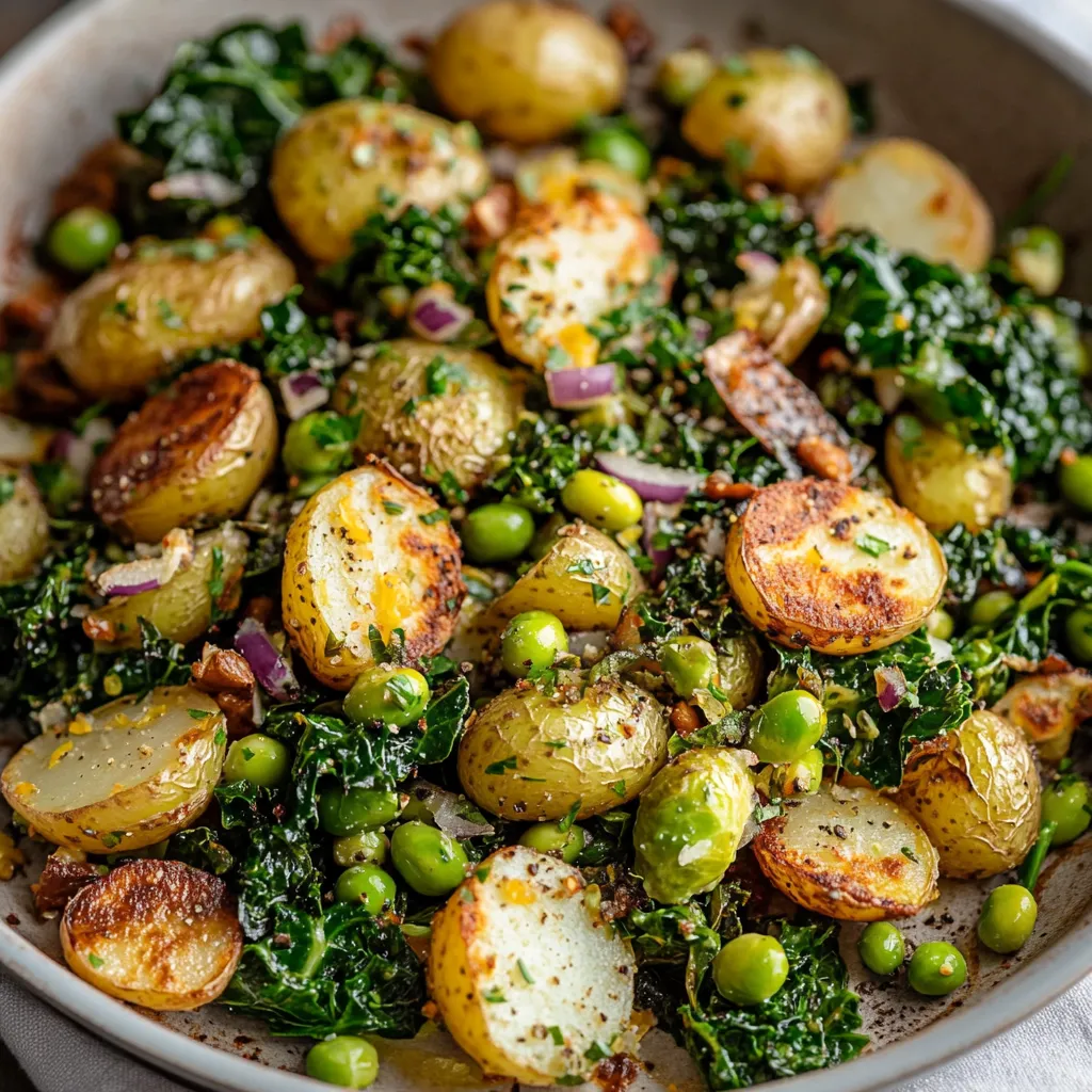 Uma tigela cheia de legumes com batatas, ervilhas e folhas verdes.