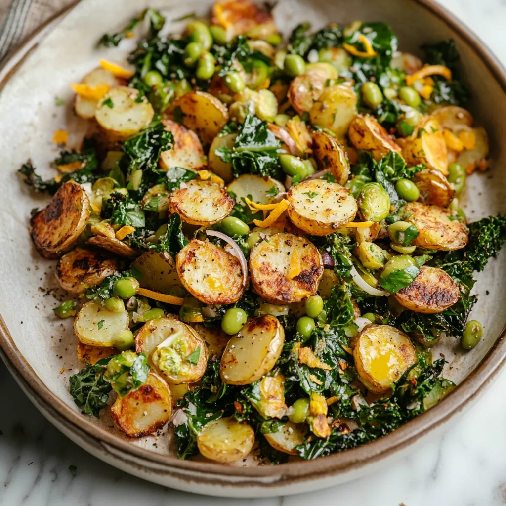 Tigela com legumes: batatas, ervilhas e verduras.