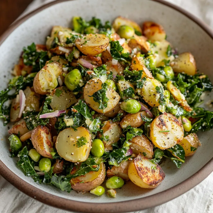 Tigela com batatas, feijão e folhas verdes.