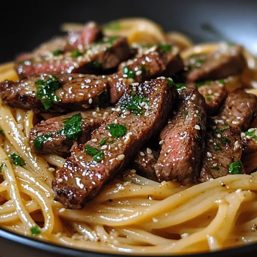 Um prato de macarrão coberto de carne.