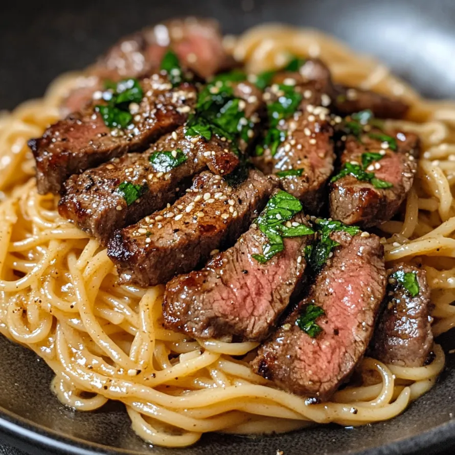 Um prato de esparguete com carne e ervas.