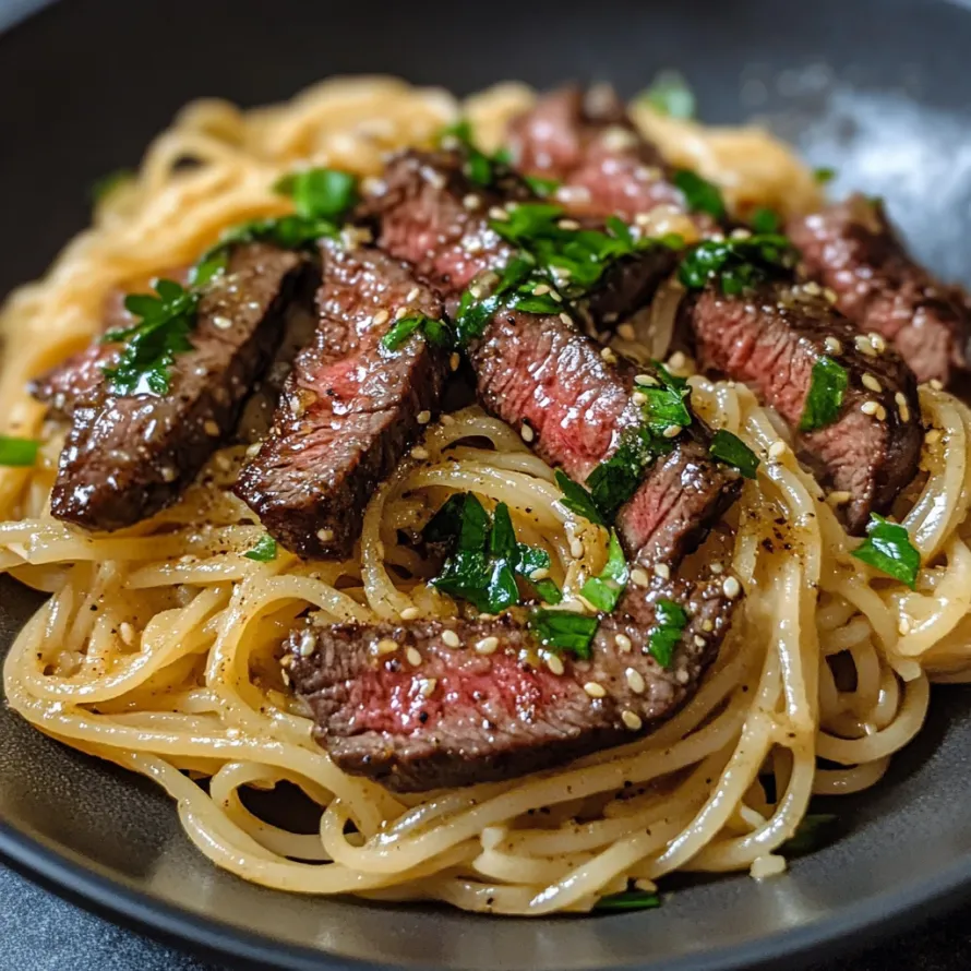 Um prato de esparguete com carne e ervas.